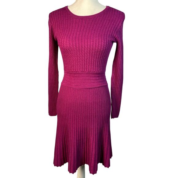LOFT, XS, Berry Purple Cable Knit Sweater Dress, Merino Wool Blend, Drop Waist - Picture 1 of 7